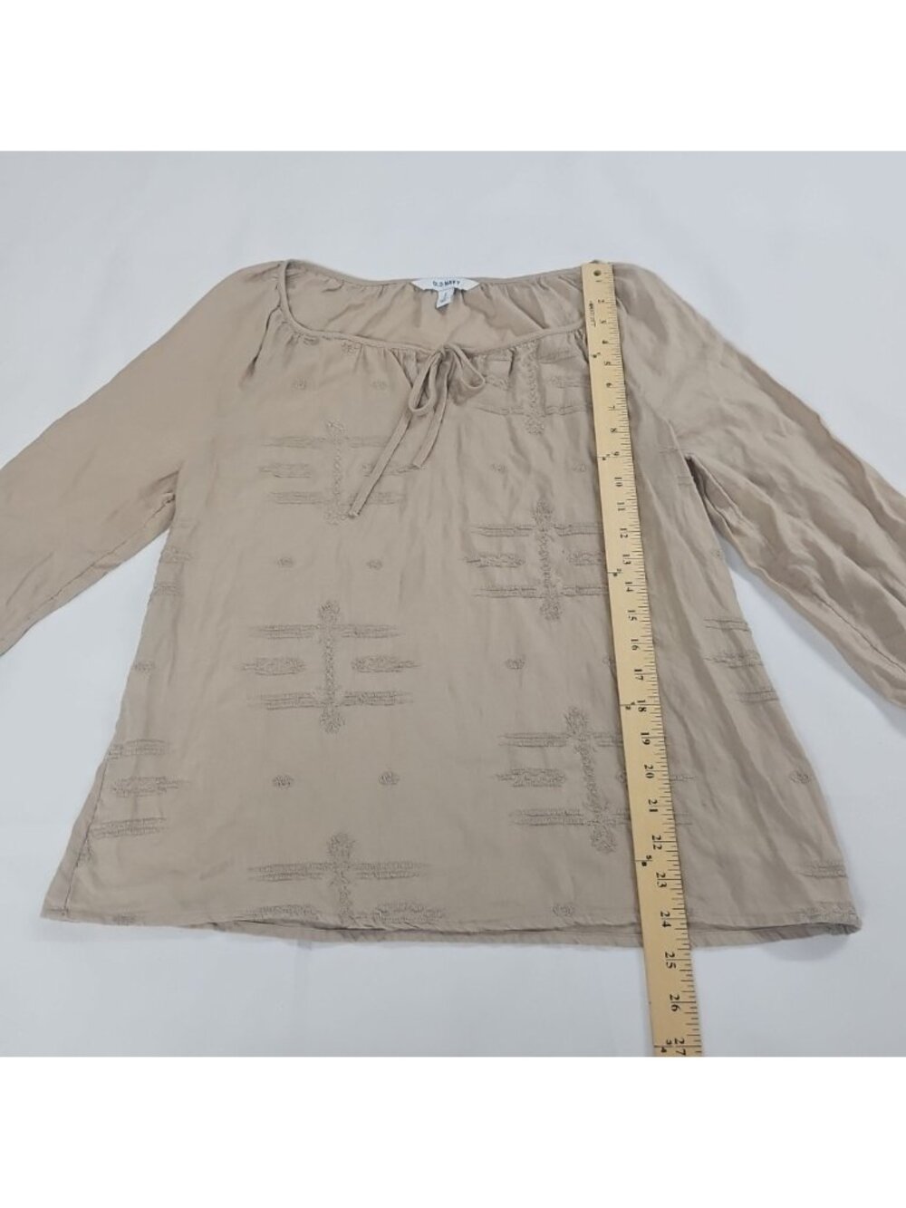Old Navy Boho Peasant Blouse Medium Beige Embroidered Tie Neck Cottagecore Top - Picture 6 of 10